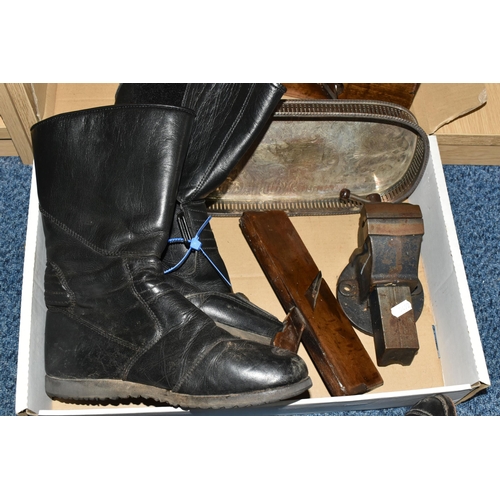 559 - TWO PAIRS OF MEN'S BLACK LEATHER BOOTS, biker style, UK size 10, a silverplate dinks tray, a Record ... 