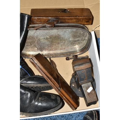 559 - TWO PAIRS OF MEN'S BLACK LEATHER BOOTS, biker style, UK size 10, a silverplate dinks tray, a Record ... 