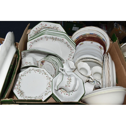 564 - FIVE BOXES OF TEA AND DINNER WARES, to include a thirty one piece Johnson Bros Eternal Beau dinner s... 