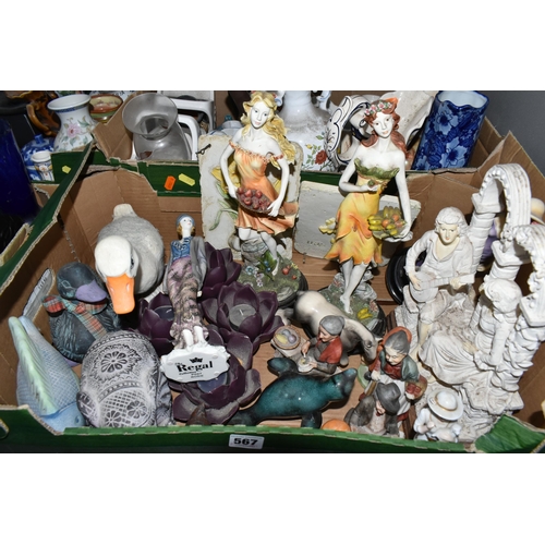 567 - FOUR BOXES AND LOOSE CERAMICS AND GLASS WARES, to include three bronzed resin figures of rugby playe... 