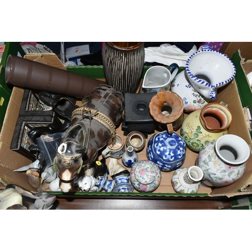 567 - FOUR BOXES AND LOOSE CERAMICS AND GLASS WARES, to include three bronzed resin figures of rugby playe... 