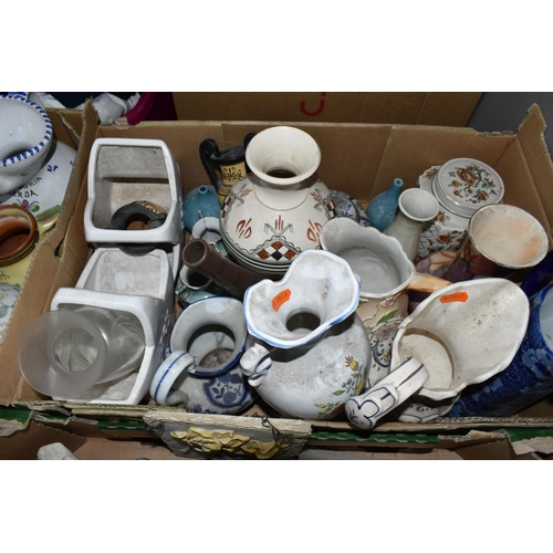 567 - FOUR BOXES AND LOOSE CERAMICS AND GLASS WARES, to include three bronzed resin figures of rugby playe... 