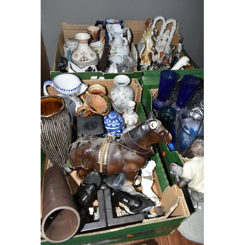 567 - FOUR BOXES AND LOOSE CERAMICS AND GLASS WARES, to include three bronzed resin figures of rugby playe... 