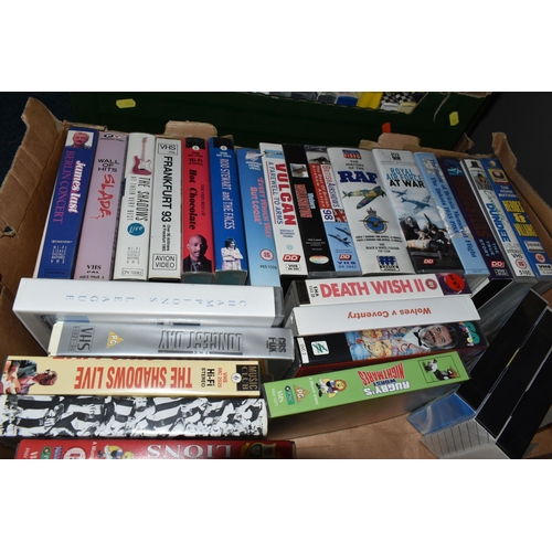 569 - FIVE BOXES OF VHS TAPES, to include feature films, TV, music, transport including aeroplanes, trains... 