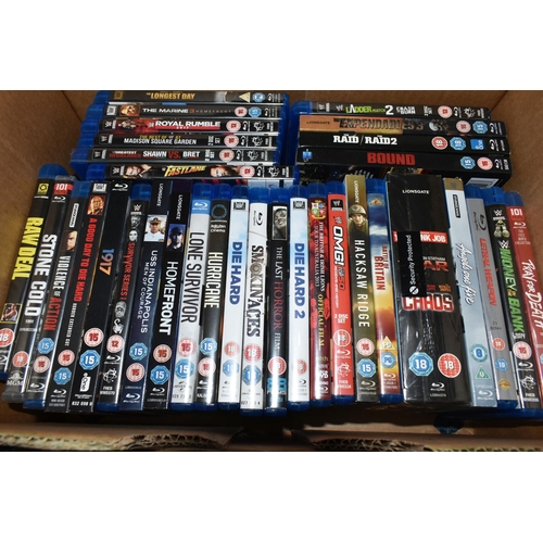 570 - FOUR BOXES OF DVDS AND BLU-RAYS, some sealed, to include feature films, TV box sets, music, sport an... 