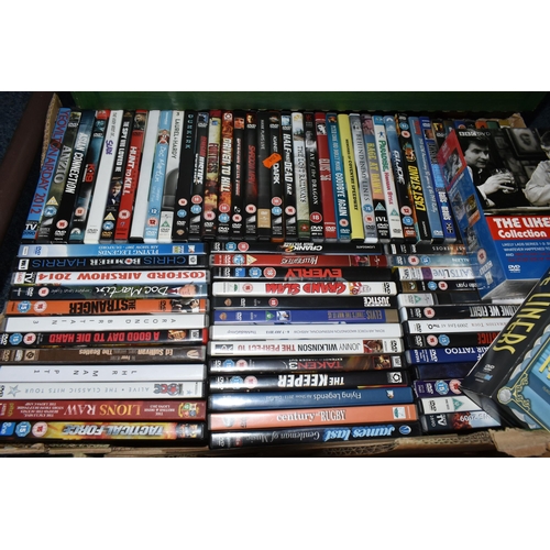 570 - FOUR BOXES OF DVDS AND BLU-RAYS, some sealed, to include feature films, TV box sets, music, sport an... 