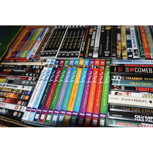 570 - FOUR BOXES OF DVDS AND BLU-RAYS, some sealed, to include feature films, TV box sets, music, sport an... 