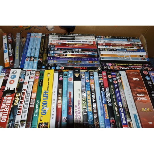 570 - FOUR BOXES OF DVDS AND BLU-RAYS, some sealed, to include feature films, TV box sets, music, sport an... 