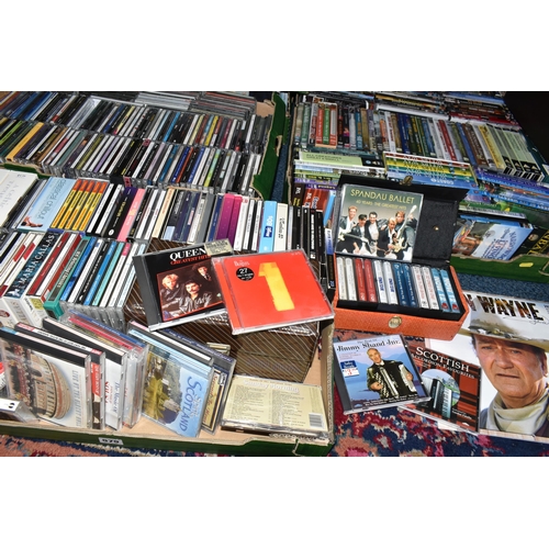 575 - SIX BOXES AND LOOSE CDS AND DVDS, over three hundred CDs by artists to include Queen, UB40, Fleetwoo... 