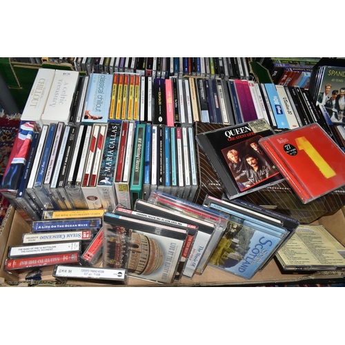 575 - SIX BOXES AND LOOSE CDS AND DVDS, over three hundred CDs by artists to include Queen, UB40, Fleetwoo... 