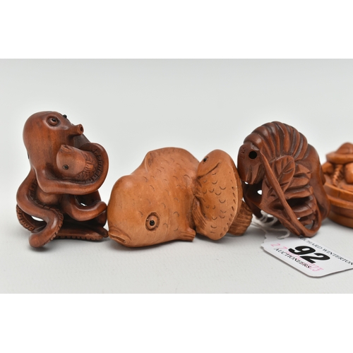 92 - THREE 20TH CENTURY CARVED TREEN NETSUKE AND TWO OKIMONO, in the form of fish, octopus, terrapins and... 