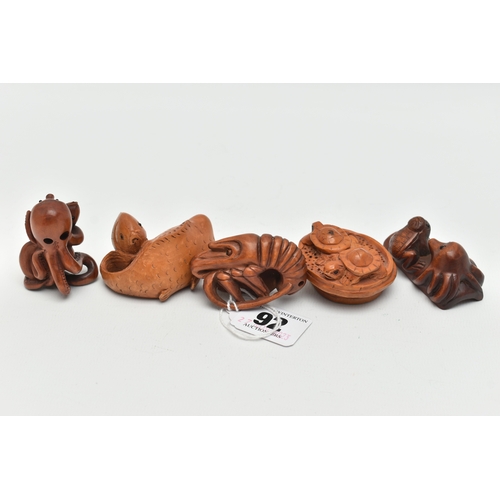 92 - THREE 20TH CENTURY CARVED TREEN NETSUKE AND TWO OKIMONO, in the form of fish, octopus, terrapins and... 