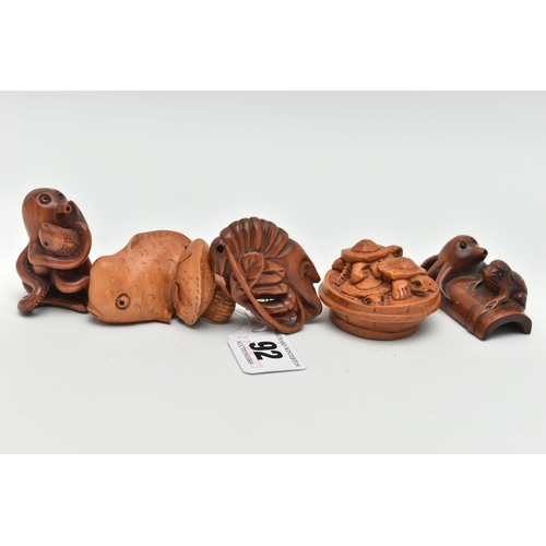 92 - THREE 20TH CENTURY CARVED TREEN NETSUKE AND TWO OKIMONO, in the form of fish, octopus, terrapins and... 