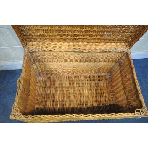 1202 - A LARGE RECTANGULAR WICKER BASKET, with hinged lid and twin handles, width 104cm x depth 59cm x heig... 