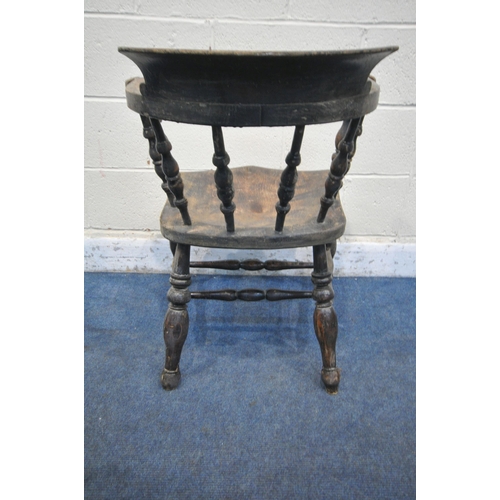 1204 - A 19TH CENTURY ELM AND BEECH BOW TOP CAPTAINS CHAIR, with spindled supports, turned legs and stretch... 