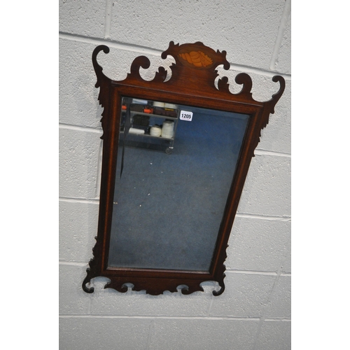 1205 - A GEORGIAN STYLE MAHOGANY AND SHELL INLAID FRETWORK WALL MIRROR, with bevelled plate, width 50cm x h... 