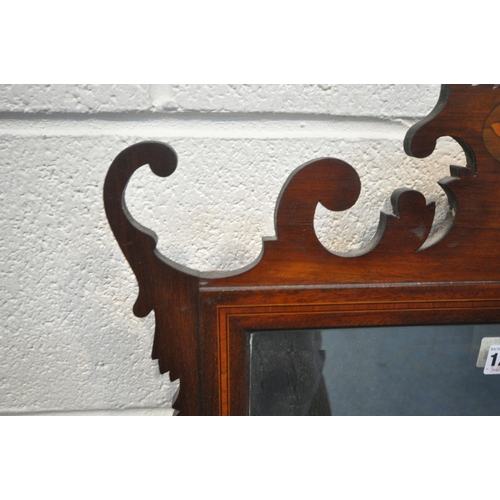 1205 - A GEORGIAN STYLE MAHOGANY AND SHELL INLAID FRETWORK WALL MIRROR, with bevelled plate, width 50cm x h... 