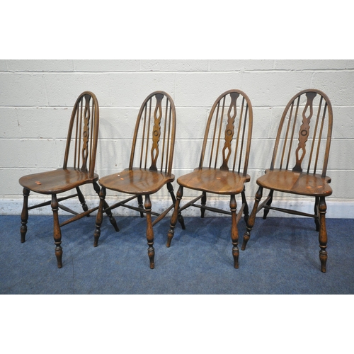 1220 - A SET OF FOUR REPRODUCTION ELM SEATED SPINDLE BACK CHAIRS, on turned legs and stretchers (condition ... 