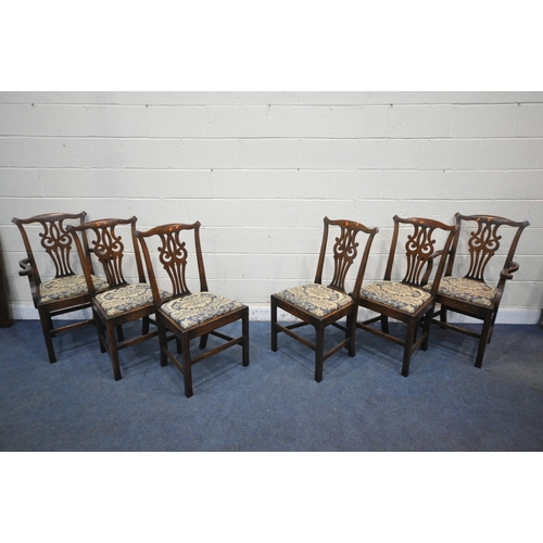 1221 - A SET OF SIX REPRODUCTION OAK CHIPPENDALE STYLE CHAIRS, including two carvers, open armrests, with b... 