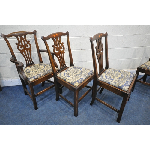 1221 - A SET OF SIX REPRODUCTION OAK CHIPPENDALE STYLE CHAIRS, including two carvers, open armrests, with b... 