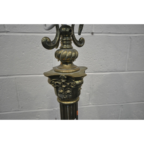 1226 - A HEAVY HINKS BRASS STANDARD LAMP, converted from a paraffin lamp, with a Corinthian pillar, on a sq... 