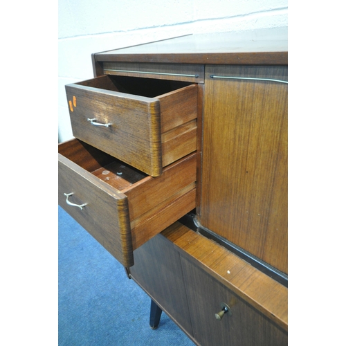 1241 - A MID CENTURY BEAUTILITY TOLA AND BLACK HIGHBOARD, fitted with two banks of two drawers, flanking a ... 