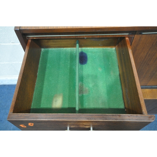 1241 - A MID CENTURY BEAUTILITY TOLA AND BLACK HIGHBOARD, fitted with two banks of two drawers, flanking a ... 