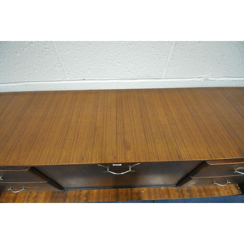 1241 - A MID CENTURY BEAUTILITY TOLA AND BLACK HIGHBOARD, fitted with two banks of two drawers, flanking a ... 