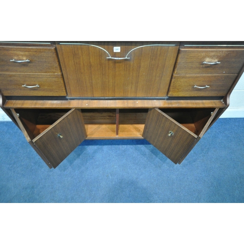 1241 - A MID CENTURY BEAUTILITY TOLA AND BLACK HIGHBOARD, fitted with two banks of two drawers, flanking a ... 