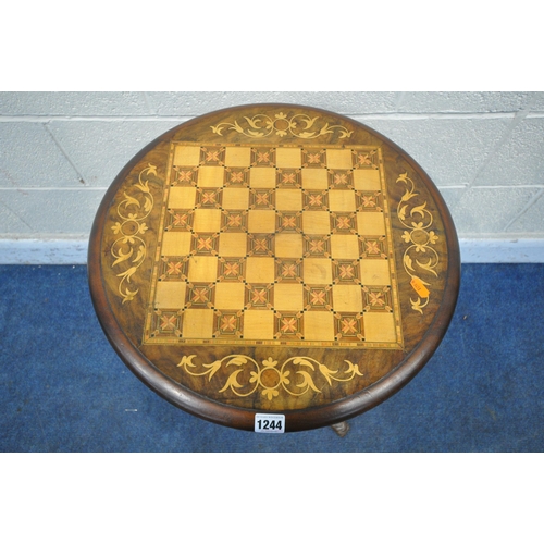 1244 - A VICTORIAN WALNUT AND INLAID TRUMPET WORK TABLE, with a chess board style top, an octagonal trumpet... 