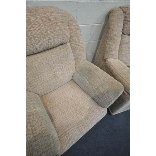 1254 - A G PLAN BEIGE AND RED PATTERNED THREE PIECE LOUNGE SUITE, comprising a two seater sofa, length 144c... 