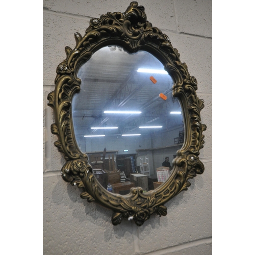 1260 - FOUR GILT FRAMED WALL MIRRORS, to include an oval mirror, with foliate detail, 46cm x 62cm, a square... 