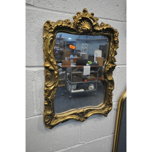 1260 - FOUR GILT FRAMED WALL MIRRORS, to include an oval mirror, with foliate detail, 46cm x 62cm, a square... 