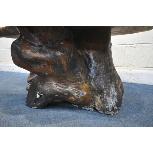 1265 - A HEAVY SOLID RUSTIC LIVE EDGE COFFEE TABLE, with a root base, length 118cm x depth 82cm x height 50... 