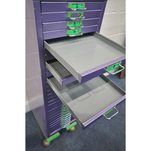 1266 - A PURPLE PAINTED METAL THIRTY DRAWER FILING CABINET, on later castors width 28cm x depth 44cm x heig... 