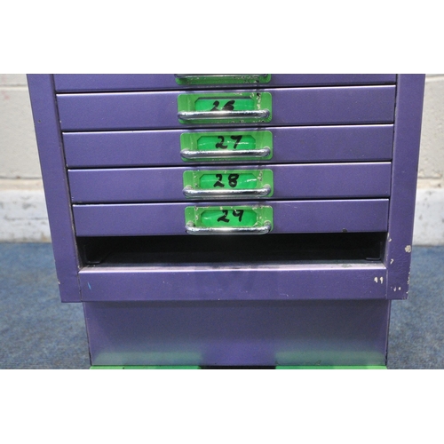 1266 - A PURPLE PAINTED METAL THIRTY DRAWER FILING CABINET, on later castors width 28cm x depth 44cm x heig... 