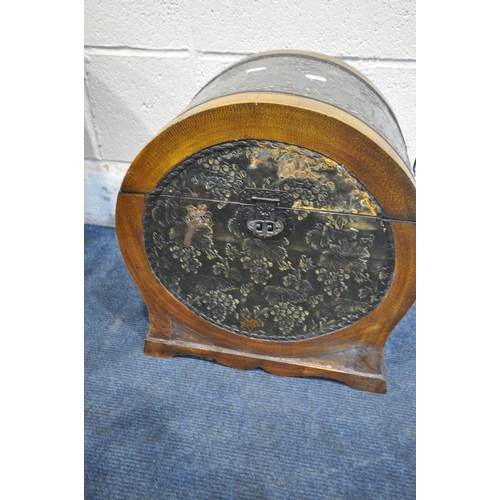 1268 - A CIRCULAR BRASS TOP FOLDING TABLE, the top depicting hunting scenes, etc., on a folding barley twis... 