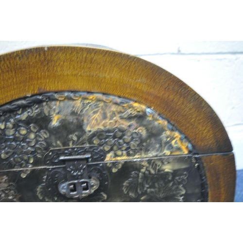 1268 - A CIRCULAR BRASS TOP FOLDING TABLE, the top depicting hunting scenes, etc., on a folding barley twis... 