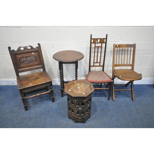 1269 - A 17TH CENTURY OAK LANCASHIRE CHAIR/HALL CHAIR, with scrolled crest, backrest depicting a mythical w... 