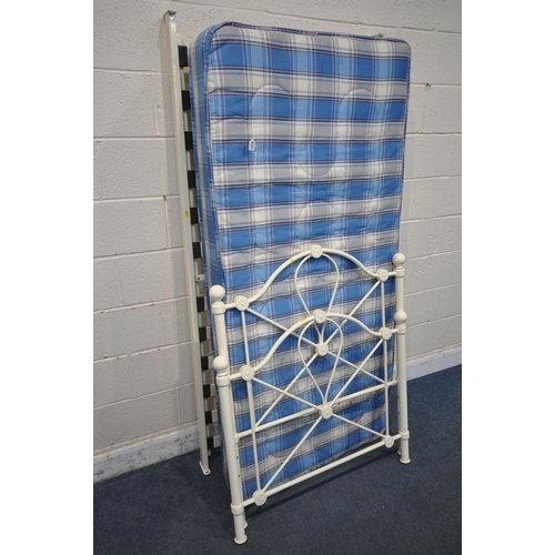 1270 - A MODERN WHITE TUBULAR SINGLE BEDSTEAD, with a blue unbranded mattress (condition report: general si... 