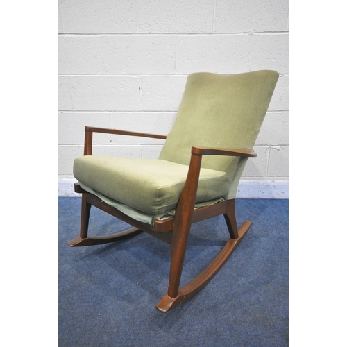 1271 - A MID CENTURY PARKER KNOLL TEAK FRAMED ROCKING CHAIR, with green upholstery, width 60cm x depth 87cm... 