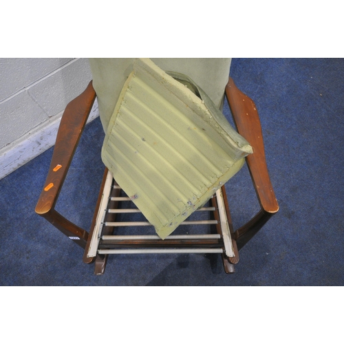 1271 - A MID CENTURY PARKER KNOLL TEAK FRAMED ROCKING CHAIR, with green upholstery, width 60cm x depth 87cm... 