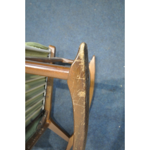 1271 - A MID CENTURY PARKER KNOLL TEAK FRAMED ROCKING CHAIR, with green upholstery, width 60cm x depth 87cm... 