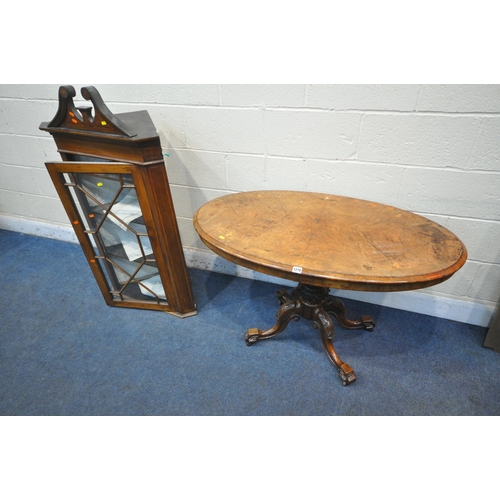 1276 - A VICTORIAN BURR WALNUT TILT TOP LOO TABLE, on a turned pillar support, for legs and castors, legs c... 