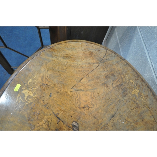 1276 - A VICTORIAN BURR WALNUT TILT TOP LOO TABLE, on a turned pillar support, for legs and castors, legs c... 