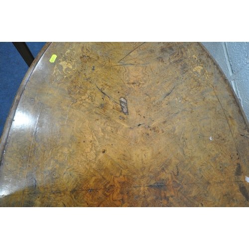 1276 - A VICTORIAN BURR WALNUT TILT TOP LOO TABLE, on a turned pillar support, for legs and castors, legs c... 