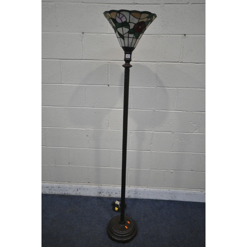 1277 - A METAL SPIRAL STANDARD LAMP, with a Tiffany style floral shade, overall height 175cm (condition rep... 