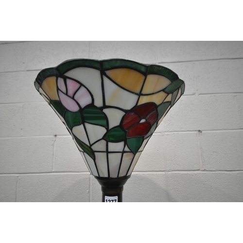 1277 - A METAL SPIRAL STANDARD LAMP, with a Tiffany style floral shade, overall height 175cm (condition rep... 