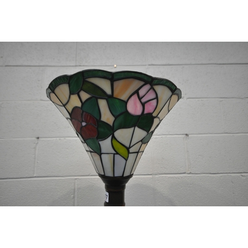 1277 - A METAL SPIRAL STANDARD LAMP, with a Tiffany style floral shade, overall height 175cm (condition rep... 