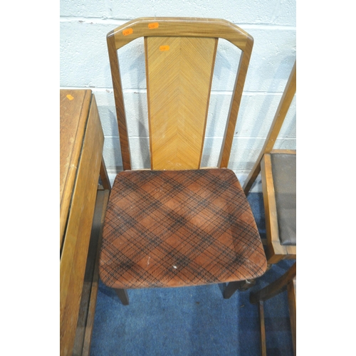 1278 - A 20TH CENTURY OAK DROP LEAF TROLLEY, a set of four oak dining chairs, with brown leather drop in se... 